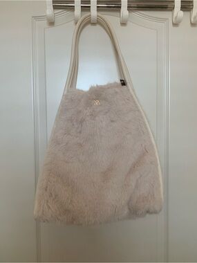 Victoria's Secret Cream Faux Fur Tote Bag Ivory Gold VS Logo Large NWT